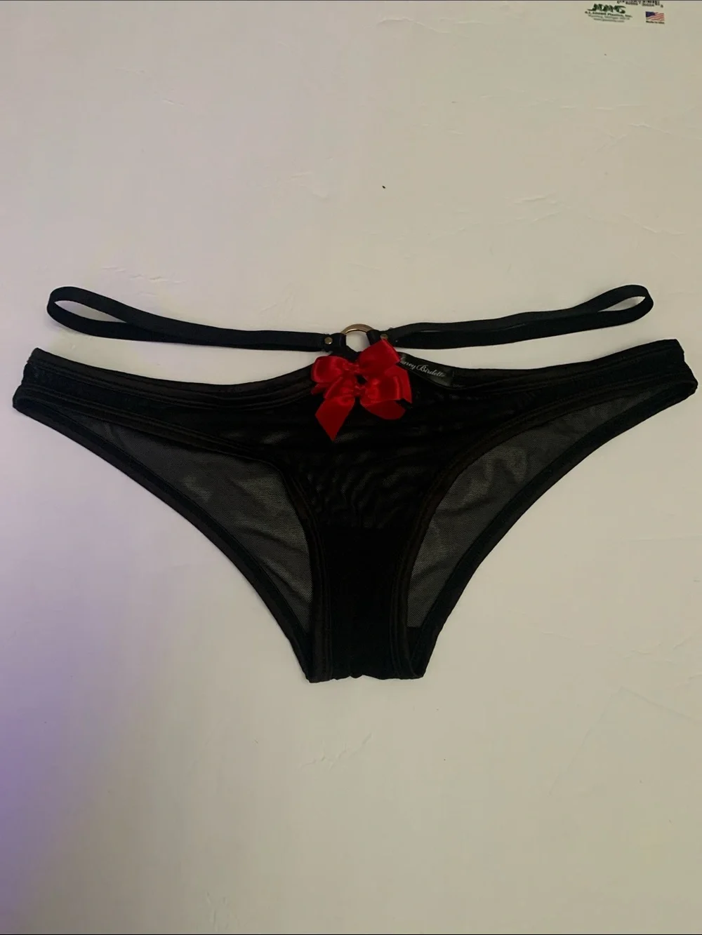Honey Birdette Black Bikini Brief with Red Bow Accent